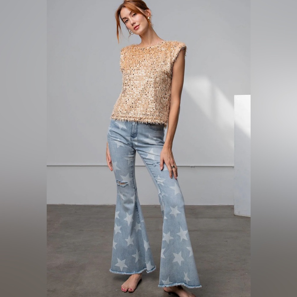 Easel sleeveless Gracie sequin crew neck padded shoulder double lined top
